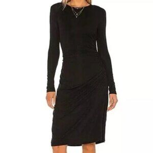 Theory Long Sleeve Round Neck Gathered Ruched Sides Black Jersey Dress Sz M